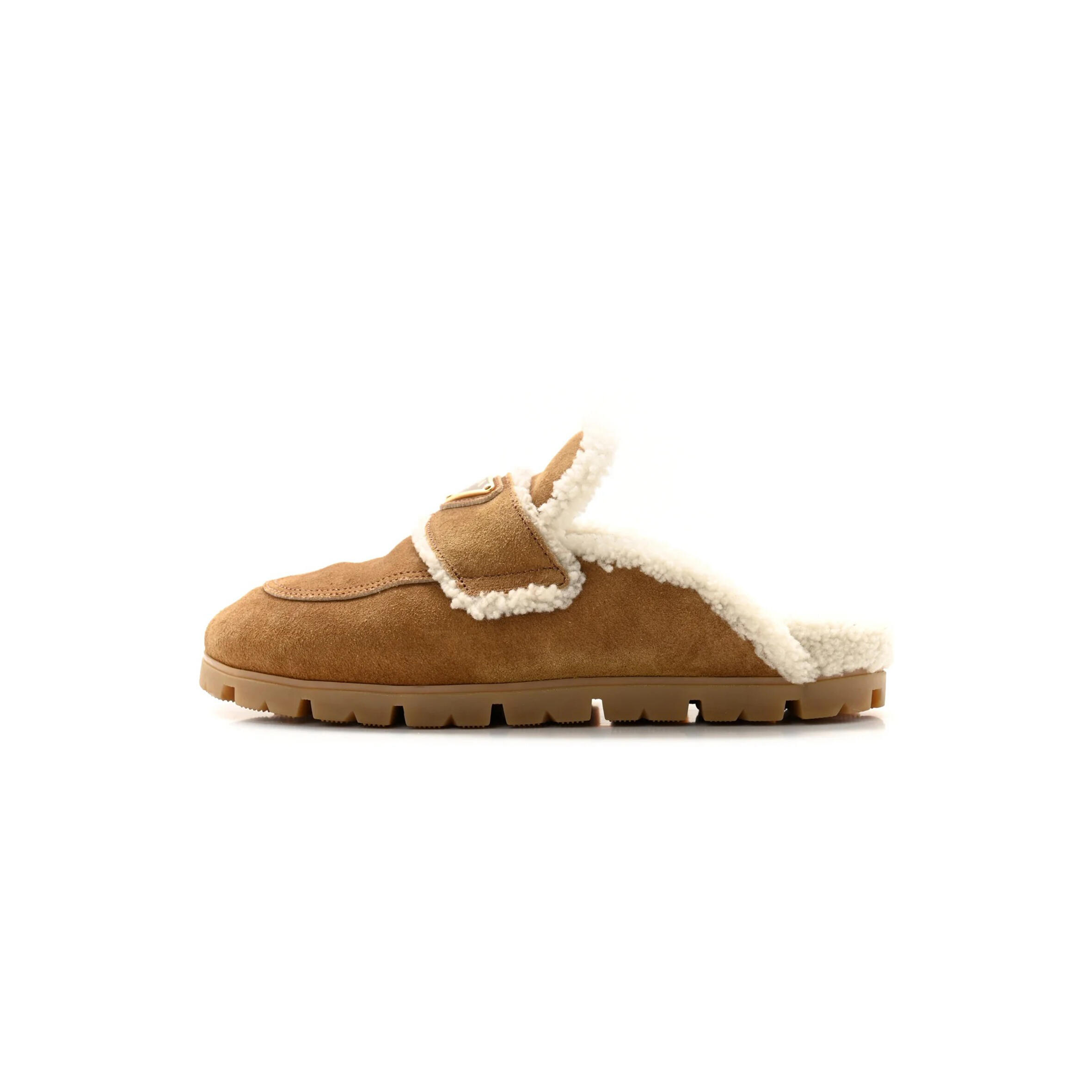 Pra*a suede shearling metal triangle logo lug sole